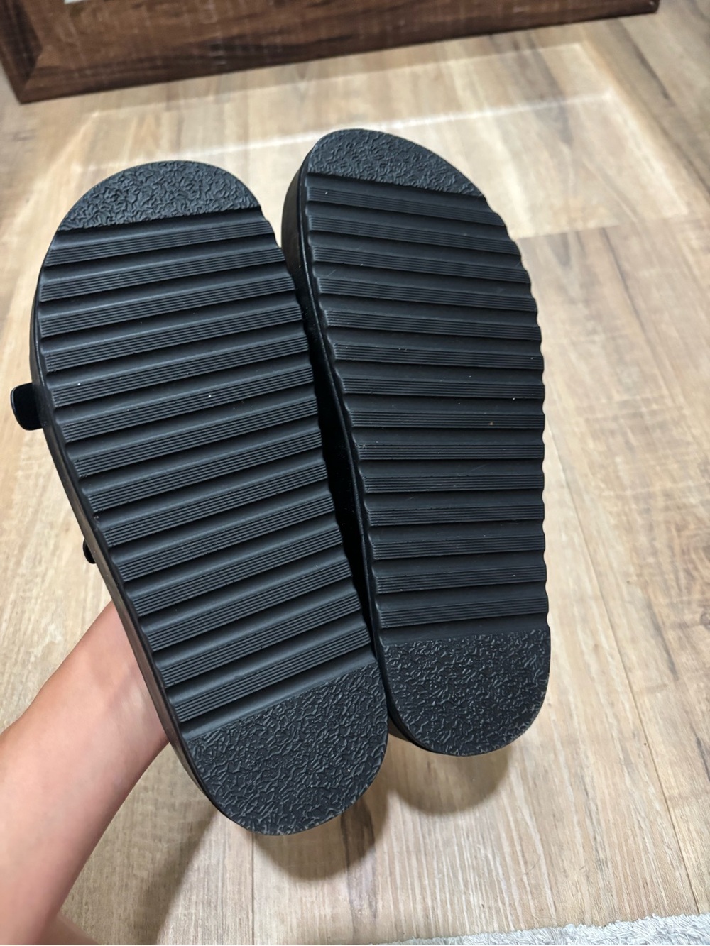 Steve Madden Black Platform Slide Sandals with Gold Buckles - Picture 3 of 3